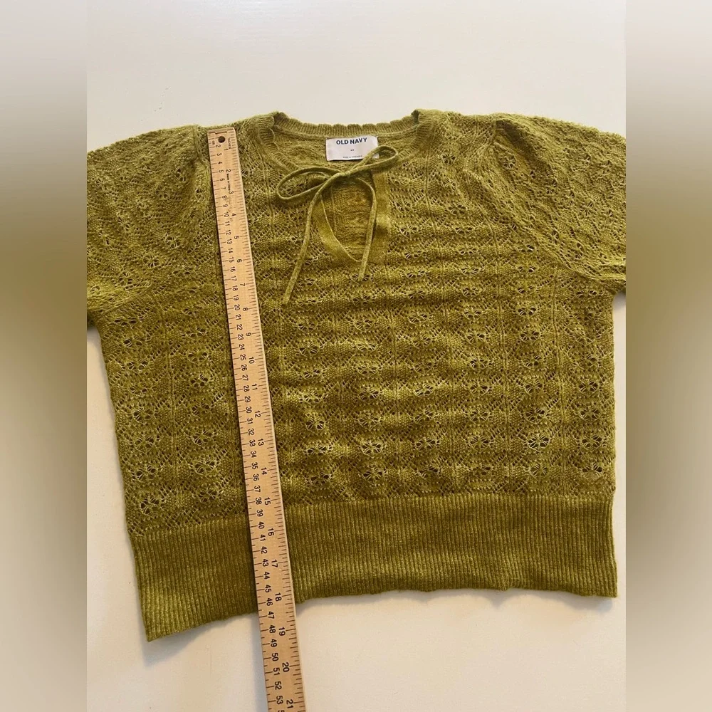 Puff-Sleeve Tie-Neck Pointelle Sweater Open Knit XS